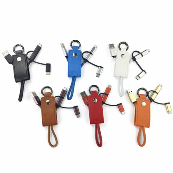 3 in 1 PU Leather USB Charging Data Cable with Key Chain Ring