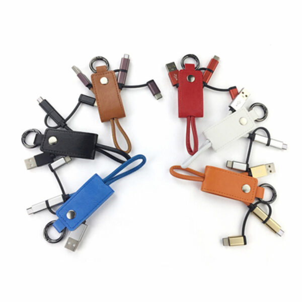 3 in 1 PU Leather USB Charging Data Cable with Key Chain Ring