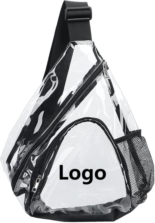 BPAS010-01 Custom Clear PVC Sling Backpack with Adjustable Shoulder Strap and Mesh Side Pocket