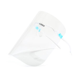 Schermo facciale personalizzato con staffa per montatura di occhiali e logo impresso