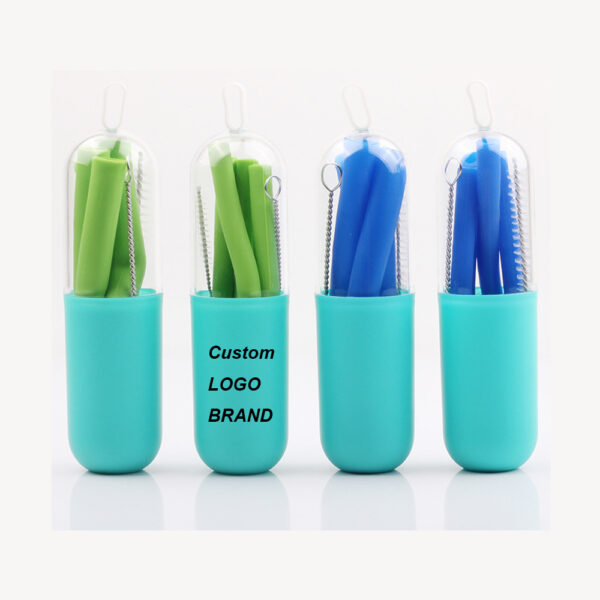 Custom Portable Silicone Straw & Cleaning Brush Kit in Capsule Case